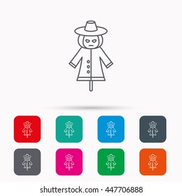 Scarecrow icon. Human silhouette with pumpkin head sign symbol. Linear icons in squares on white background. Flat web symbols. Vector