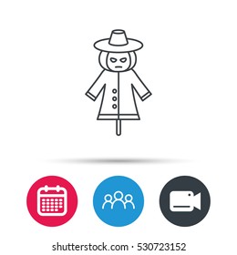 Scarecrow icon. Human silhouette with pumpkin head sign symbol. Group of people, video cam and calendar icons. Vector