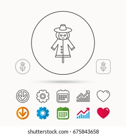 Scarecrow icon. Human silhouette with pumpkin head sign symbol. Calendar, Graph chart and Cogwheel signs. Download and Heart love linear web icons. Vector