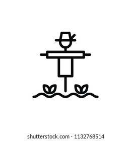 Scarecrow icon in line art.
Scarecrow on the filed with plants in minimal style.