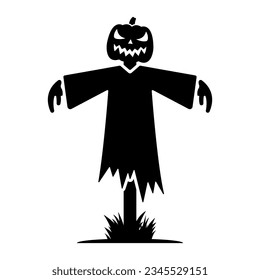 Scarecrow icon. Pumpkin, halloween. Black silhouette. Vertical front view. Vector simple flat graphic illustration. Isolated object on a white background. Isolate.