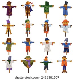 Scarecrow-Symbole setzen Cartoon-Vektorgrafik. Schöne Puppe. Gartenlandwirtschaft