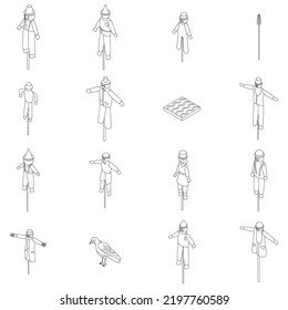 Scarecrow icons set. Isometric set of scarecrow vector icons outline thin lne isolated on white