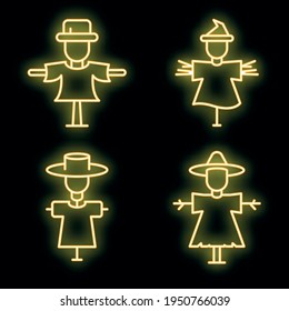 Scarecrow icons set. Outline set of scarecrow vector icons neon color on black