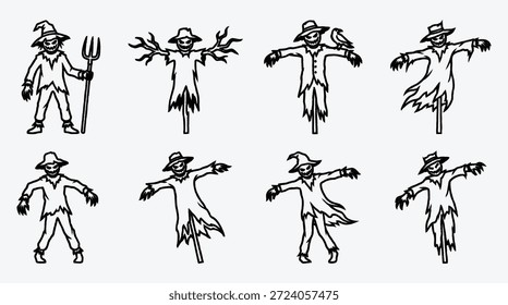 Scarecrow illustrations in various poses and designs standing alone