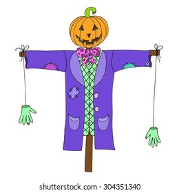 Scarecrow isolated on white background. Can be used for greeting "happy halloween". Vector illustration. EPS 10.