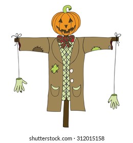 Scarecrow isolated on white background. Can be used for halloween greeting cards. Vector illustration. EPS 10.