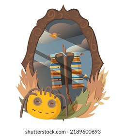 scarecrow looking in the mirror on the grass, autumn sky, Halloween, for cards, stickers, posters, prints, websites
