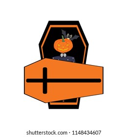 Scarecrow lying in the coffin and waiting for Halloween. Design for Halloween card, invitations, poster and etc. Vector