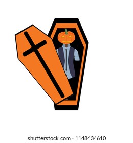 Scarecrow lying in the coffin and waiting for Halloween. Design for Halloween card, invitations, poster and etc. Vector