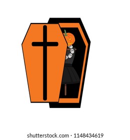 Scarecrow lying in the coffin and waiting for Halloween. Design for Halloween card, invitations, poster and etc. Vector