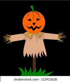 Scarecrow at night with head made of pumpkin.