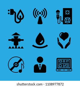 scarecrow, non ionizing radiation, drop, health insurance, laptop, manager, electricity, compact disc and speaker vector icon. Simple icons set