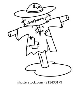 Scarecrow in old dilapidated clothes and a hat, sketch illustration.