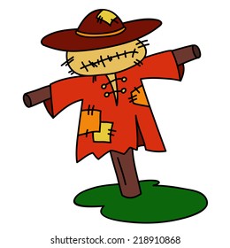 Scarecrow in old dilapidated clothes and a hat, sketch illustration.