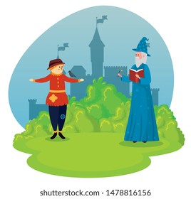 scarecrow with old man wizard and magic wand