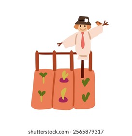 Scarecrow on agriculture farm, protecting vegetable garden from birds. Crops, plants, harvest protection with funny rural puppet on field. Flat vector illustration isolated on white background