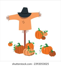 eine Kürbis auf eine Heugnagel in einem Kürbispflaster. Gartenschildkröte, Vektorsymbol. Einzeln Set-Cartoon Symbol halloween.Vektorgrafik-Gartenscarecrow auf weißem Hintergrund . 2474