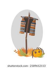 scarecrow on the grass, autumn, Halloween, for cards, stickers, posters, prints, websites, decoration