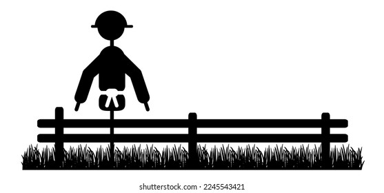 Scarecrow on pole and grass. Stickman, stick figure man on pole. Scarecrow Day on July 5th. Vector scarecrows icon or symbol. Halloween and scaring away birds. Strawman or straw man. Bird scarer.