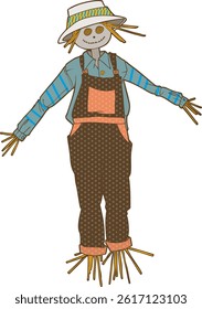 a scarecrow in overalls and a straw hat
