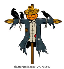 Scarecrow pop art retro vector illustration. Isolated image on white background. Comic book style imitation.