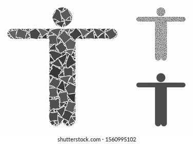 Scarecrow pose composition of tremulant elements in different sizes and color tones, based on scarecrow pose icon. Vector ragged elements are combined into composition.