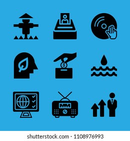 scarecrow, promotion, vinyl, selection, water, mind, radio, make a donation and television vector icon. Simple icons set