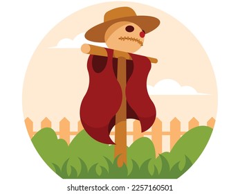 Scarecrow to protect harvest. A scarecrow in a hat stands in the garden against the background of a white fence. Vector graphics.