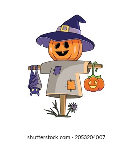 Scarecrow pumpkin cartoon character with jack o'lantern and bat. Vector illustration for Halloween design