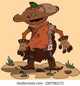 scarecrow pumpkin in cowboy outfit halloween illustration