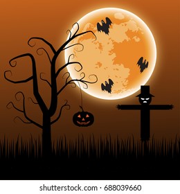 scarecrow, pumpkin and flying ghost and full moon background for halloween concept