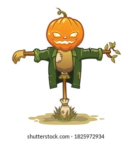 Scarecrow con la cabeza de calabaza Ilustración del vector de dibujos animados