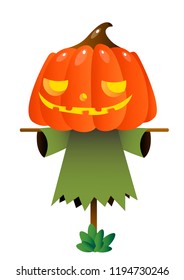 Scarecrow with pumpkin head. Decoy, horror, cartoon. Halloween concept. Can be used for greeting cards, posters, leaflets and brochure