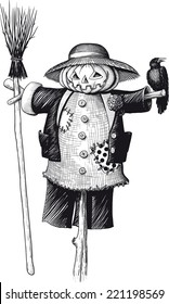 scarecrow with a pumpkin head for Halloween with a broom and a crow on his shoulders