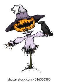 Scarecrow with pumpkin for head. Handcrafted style. Colored and isolated