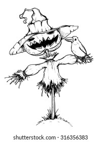 Scarecrow with pumpkin for head. Handcrafted style. Black and white.