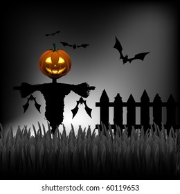 Scarecrow with pumpkin head, in the night