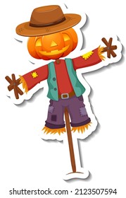 Scarecrow with pumpkin head on wooden stick illustration