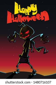 Scarecrow with pumpkin head silhouette. Cartoon pumpkin head with hands for Halloween