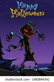 Scarecrow with pumpkin head silhouette. Cartoon pumpkin head with hands