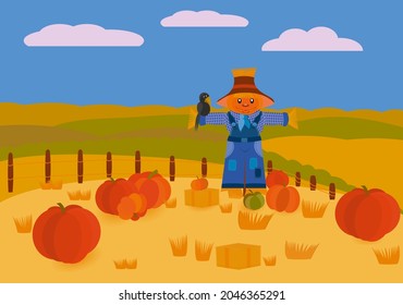 A scarecrow with a pumpkin head standing in the garden among pumpkins. bright vector illustration for design.