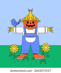 Scarecrow with a pumpkin head, straw hat, blue overalls, and orange shoes standing in a grassy field. A blue bird is perched on its arm t for autumn and Halloween themes cartoon illustration