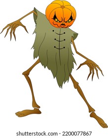 Scarecrow With A Pumpkin Head In Tattered Clothes