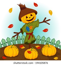 scarecrow with a pumpkin head - vector illustration, eps