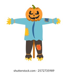 Scarecrow with pumpkin head. Vector illustration, simple cartoon style