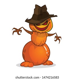 Scarecrow with pumpkin head in a witch hat and rags. Cartoon pumpkin head with hands