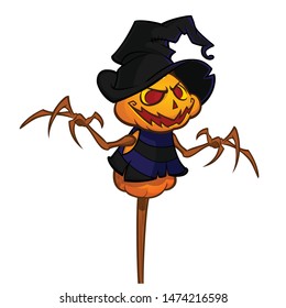 Scarecrow with pumpkin head in a witch hat and rags. Cartoon pumpkin head with hands