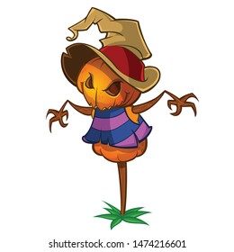 Scarecrow with pumpkin head in a witch hat and rags. Cartoon pumpkin head with hands