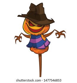 Scarecrow with pumpkin head in a witch hat and rags. Cartoon pumpkin head with hands